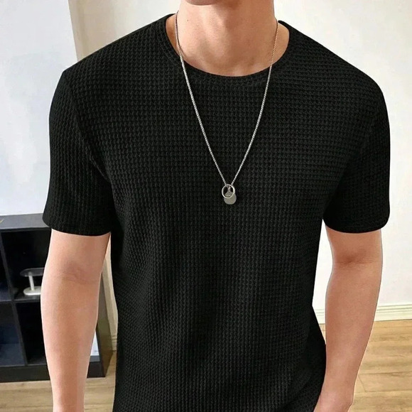 Black Preppy Mens Solid Waffle Knit Tee - Picture 5 of 5